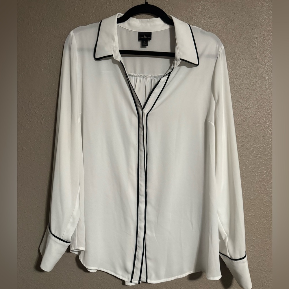 Worthington White Blouse with Black Piping